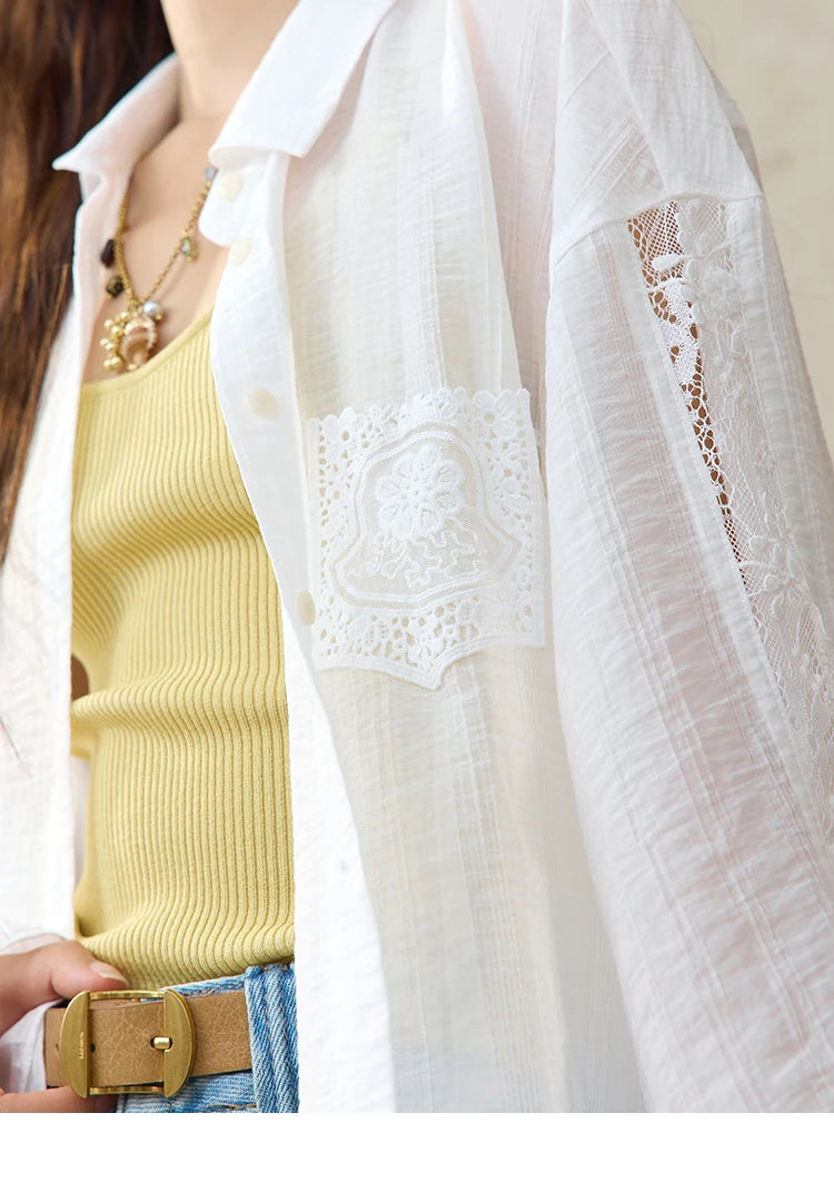 MISHOW Blend Patchwork Lace Cool Shirt Female Autumn 2025 Korean Loose Lapel Drop Sleeve Shirts Drawstring Cuffs Top MXE31C0789