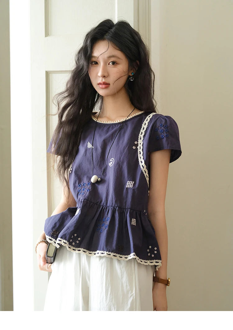 MISHOW Women's O-Neck Spliced Lace Blouse 2025 Summer New Fashion Embroidery Flower Casual Loose Top Ladies Clothing MXE39X1965