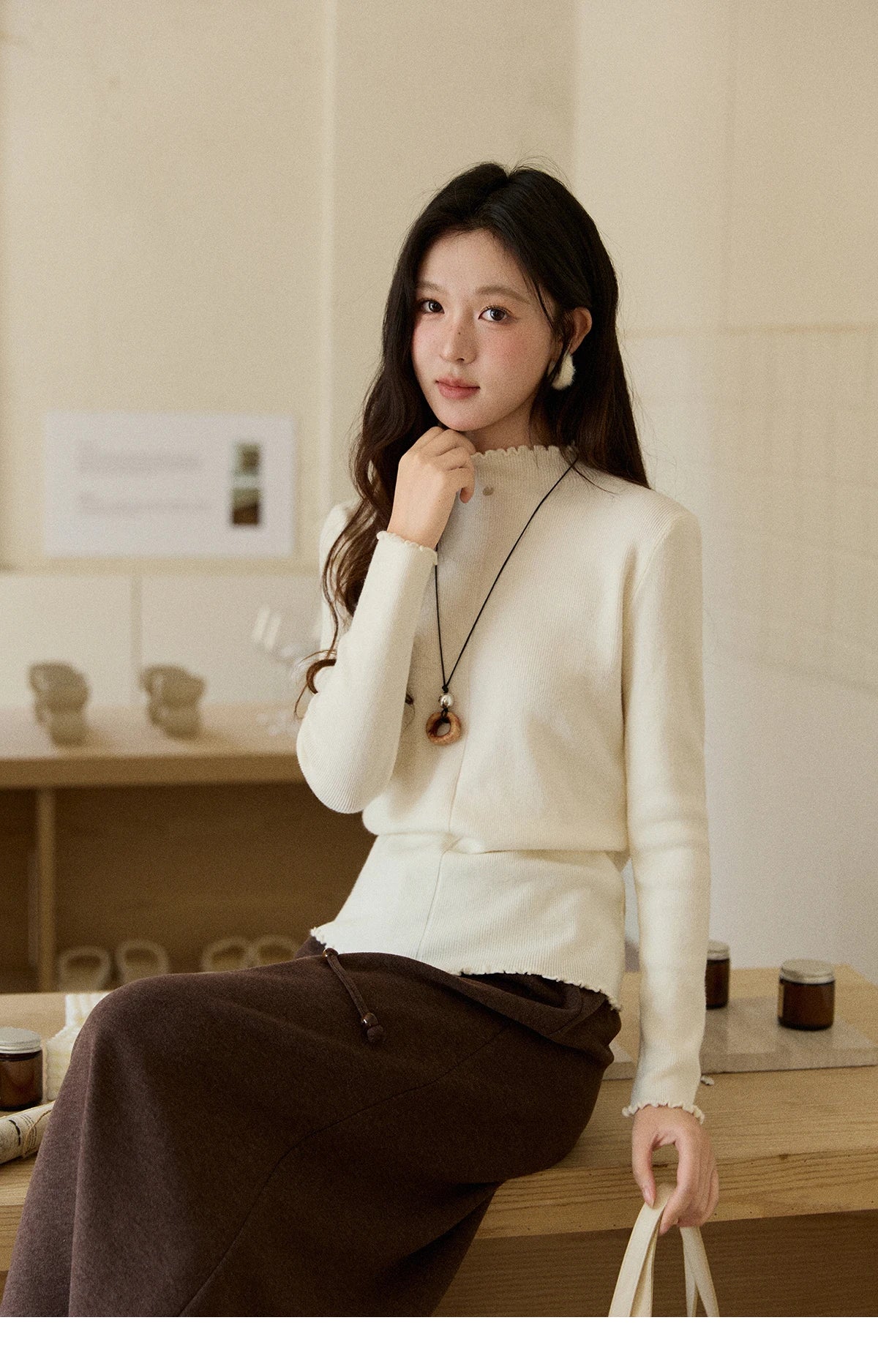 MISHOW Women's Knitted Long-Sleeved Top 2025 Winter Solid Slim Fit Ruffled Turtleneck Sweater Warm Soft Commuting Top MXE91Z2826