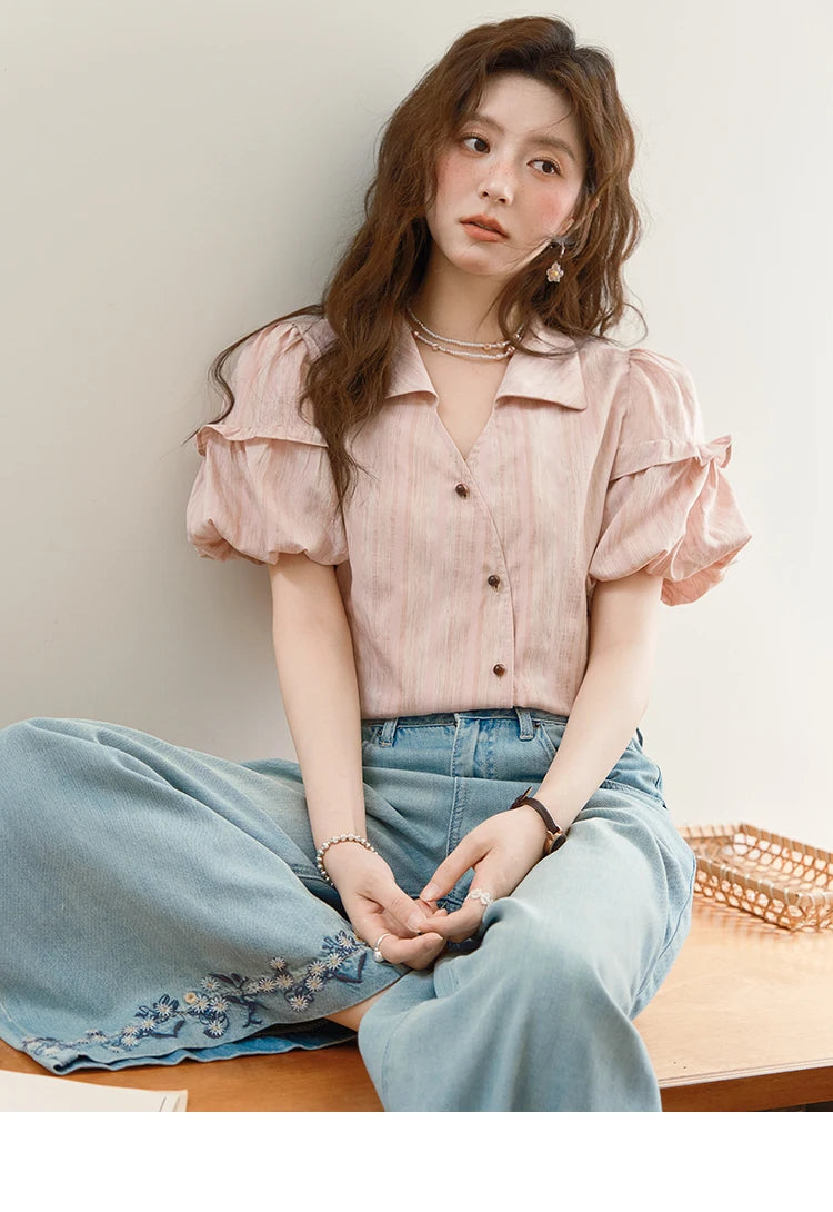 MISHOW Ladies Fashion Puff Sleeve Striped Shirt 2025 Summer New Commute Retro Turn-down Collar Top Women's Clothing MXE37C0808