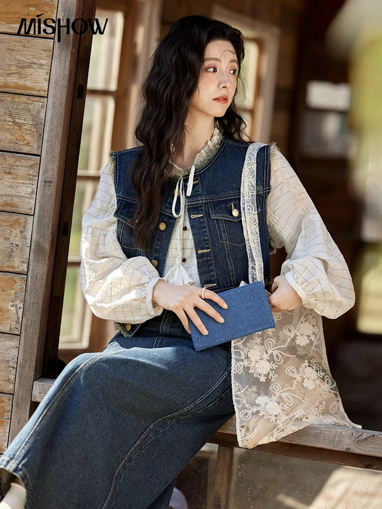MISHOW Office Lady Spring Vest Female New Sleeveless Round Neck Raw Edge Denim Vests Women Fashion Retro Coat Woman MXE12W0710
