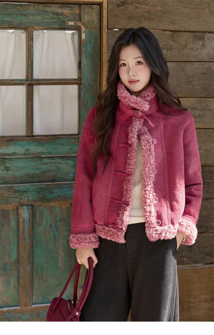 MISHOW Women's Dragon Fruit Red Suede Patchwork Coat 2025 Winter Color Block Stand Collar Thickened Short Outerwear MXE87W0942