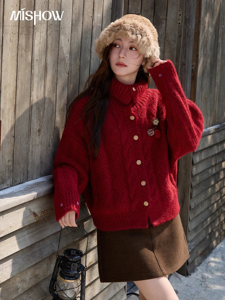 MISHOW Women's Red Knitted Cardigan Autumn Winter Cable Knitted Stand Collar Single-breasted Warm Loose Outerwear MXE92Z2827