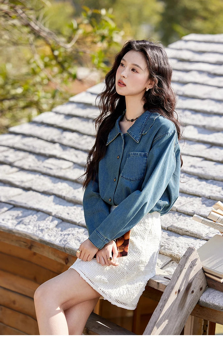 MISHOW Retro Washed Denim Shirt Spring 2025 Double Layered Patchwork Collar Shirt Metal Buckle Single Breasted Tops MXE12C0751