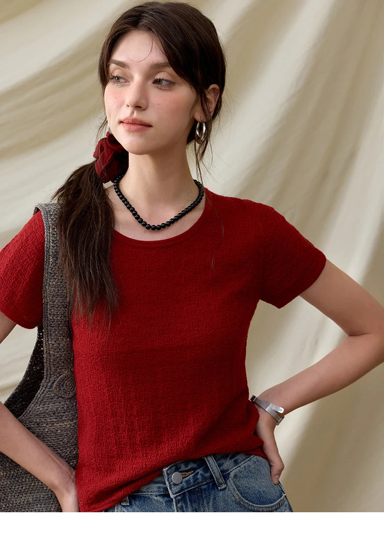 MISHOW Office Lady Women’s T-shirts Summer 2025 Short Sleeve Round Neck Solid Slimming Knitted Shirt Female Fashion MXE34Z1257