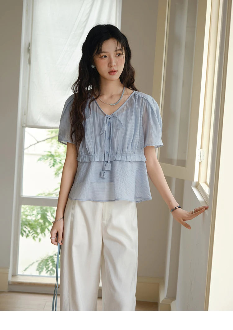 MISHOW Women's Fashion V-neck Blouse Summer 2025 New Splicing Button Commut Ladies Lace Up Casual Short Sleeve Top MXE34X1821