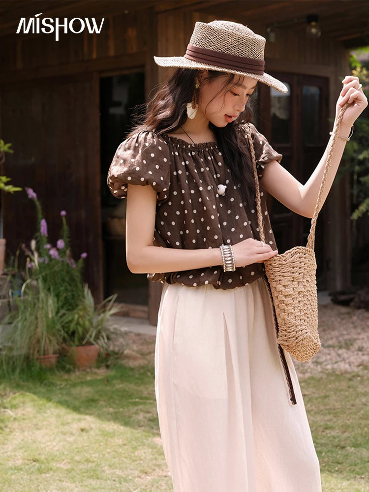 MISHOW Women's Two-Piece Set Fashion Polka Dot One Shoulder Puff Sleeve Blouse Summer 2025 Casual Wide Leg Pants Set MXE38T0683