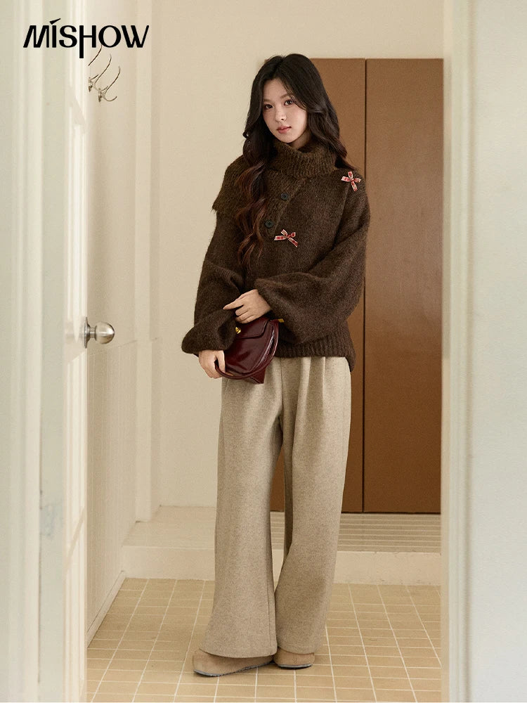 MISHOW Women's French Retro Plaid Bow Sweater 2025 Winter Detachable Shawl Collar Thick Lantern Sleeve Knitted Tops MXE93Z2946