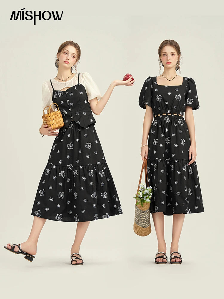 MISHOW High Waist Slim Floral Printing A-line Skirts Temperament Mid Length Skirt 2025 Summer Elastic Waist Skirt MPD21B0398