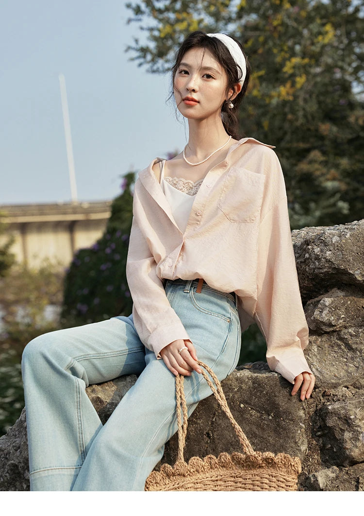 MISHOW Casual Spring Shirt Women New 2025 Long Sleeve Turn-down Collar Fake Two-piece Blouses Lady Fashion Loose Tops MXE16C0777