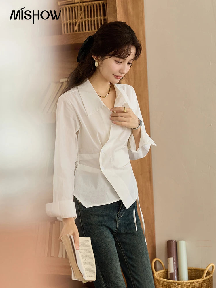 MISHOW French Side Placket Asymmetric Shirt Autumn 2025 Pleated Waist Lapel Shirts Long Sleeve Loose Commuter Tops MXD45C0357
