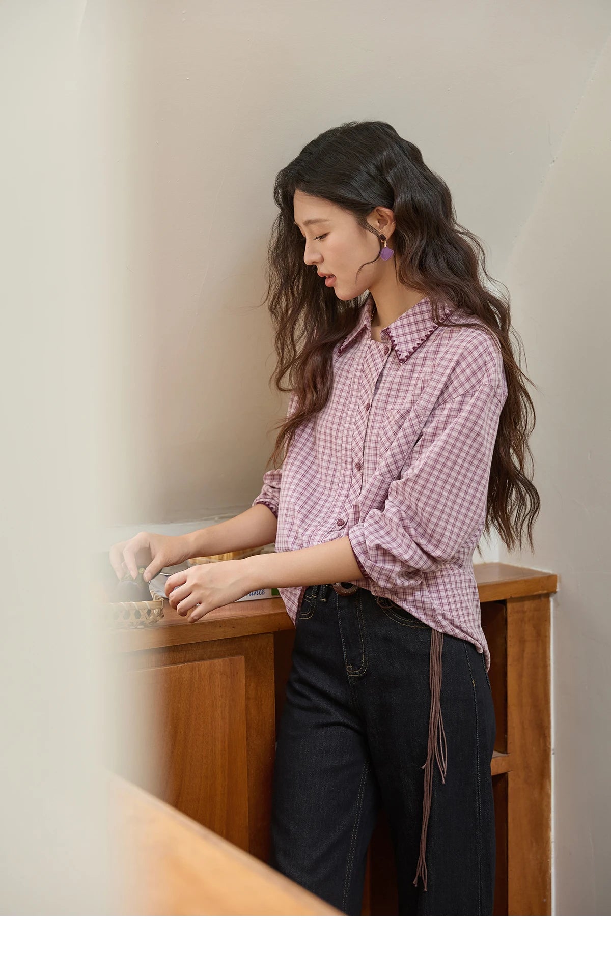 MISHOW Purple Plaid Shirt for Women Autumn 2025 Contrasting Embroidery Irregular Placket Shirt with Pocket Casual Top MXE44C2394