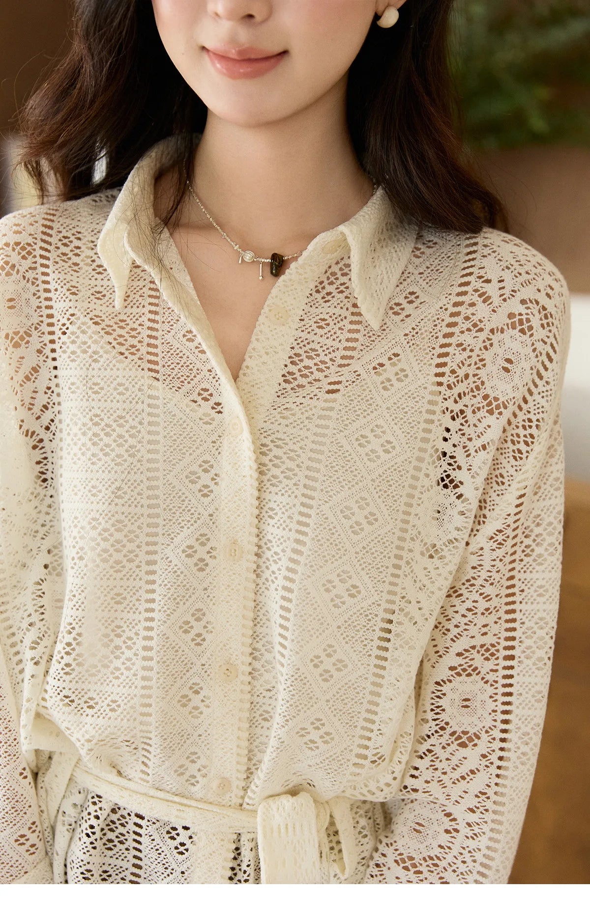 MISHOW Women's Hollow-out Lace Shirt Camisole Set 2026 Spring Lapel Drawstring Waist Sheer Casual Two-Piece Knitwear MXF108C0816