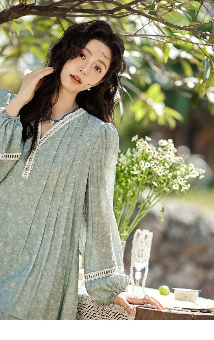 MISHOW Chiffon Printed Dress for Women Spring 2025 French V-neck Hollowed Out Lace Patchwork Medium Length Dresses MXE12L2096