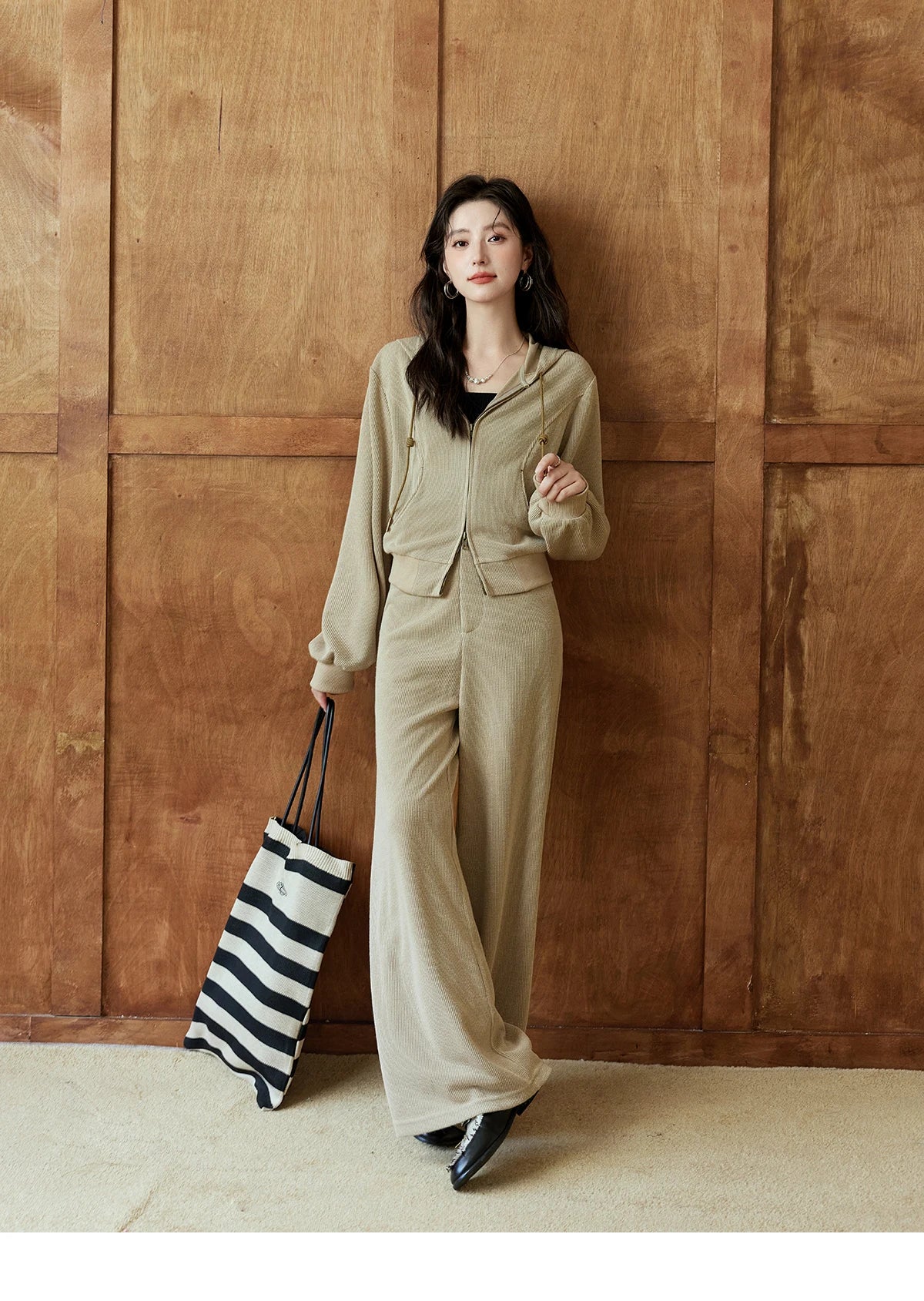 MISHOW Hooded Double Zipper Sweatshirt Knitted Straight Leg Pants Separately Versatile Top Back Elastic Waist Pants MXD44Z0794