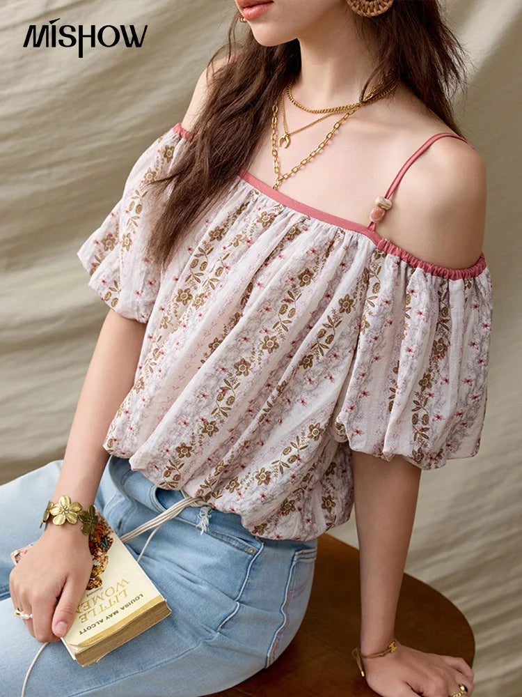MISHOW French Summer Blouses Women New 2025 One-shoulder Floral Short Sleeve Contrast Color Shirts Woman Fashion MXE31X1767