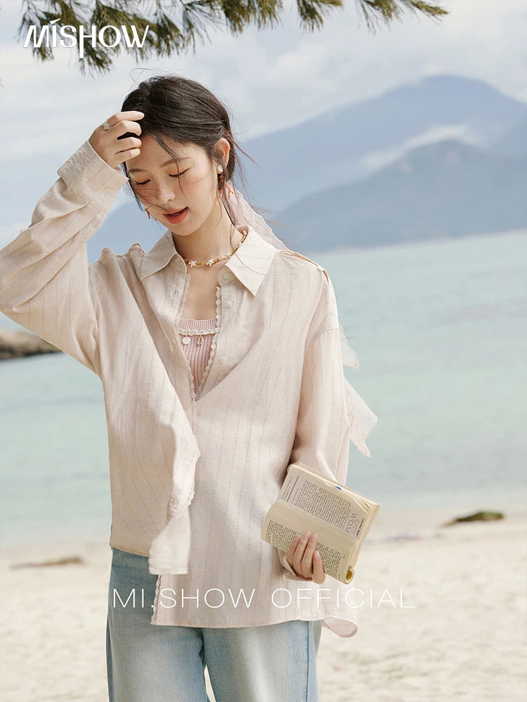 MISHOW Office Lady Summer Blouses Women 2025 New Striped Long Sleeve Turn-down Collar Shirt Female Fashion Loose Tops MXE33C0772