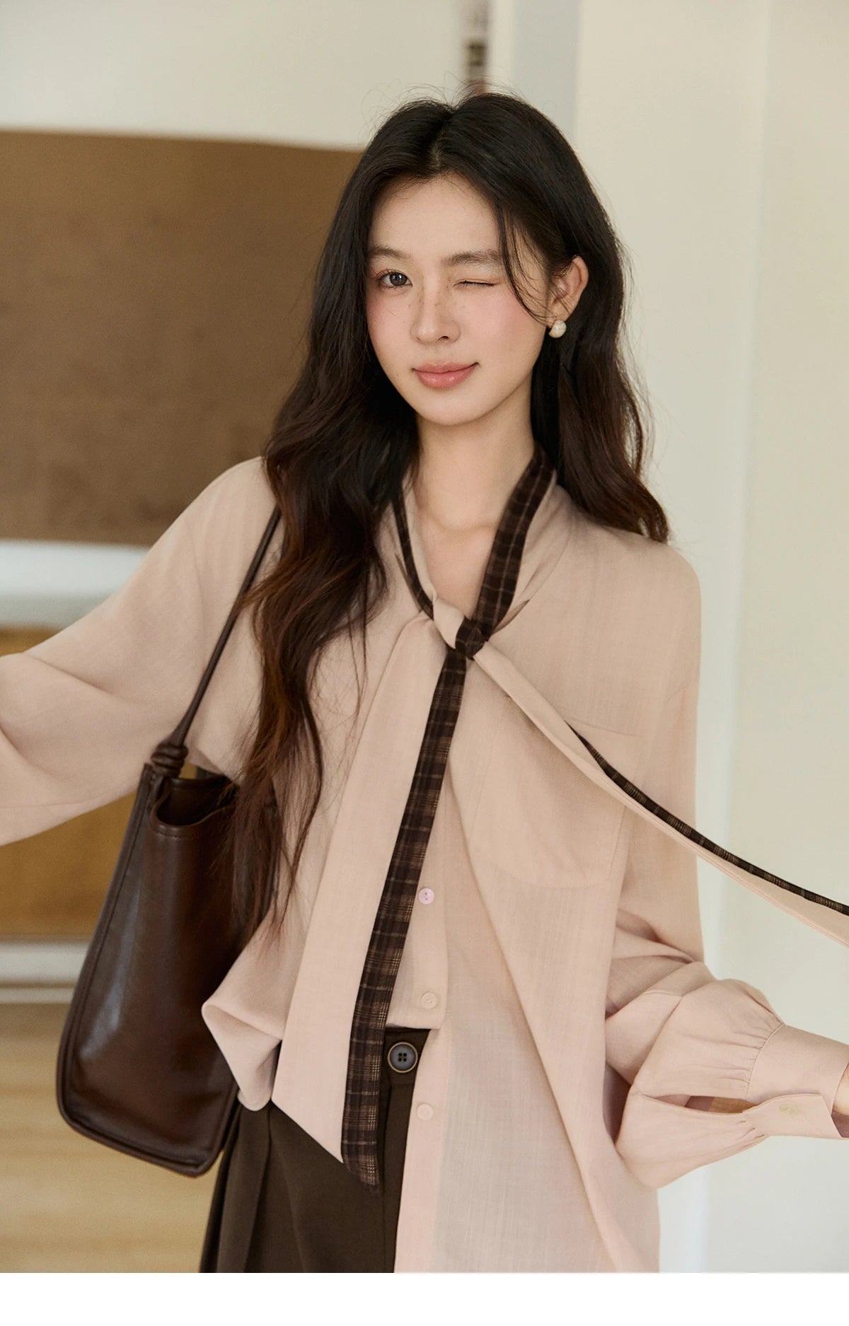 MISHOW Women's Dusty Pink Shirts Spring Plaid Tie Neck Loose Casual Shirt 100 Lyocell Lantern Sleeve Top Office Lady MXF108C0817