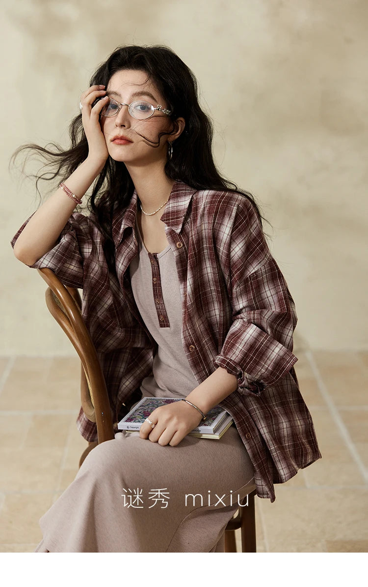 MISHOW Women's Plaid Shirt Grey Vest Dress Separately Spring Lapel Collar Shirt U-neck Sleeveless Dresses (Not A Set) MXE13L2093