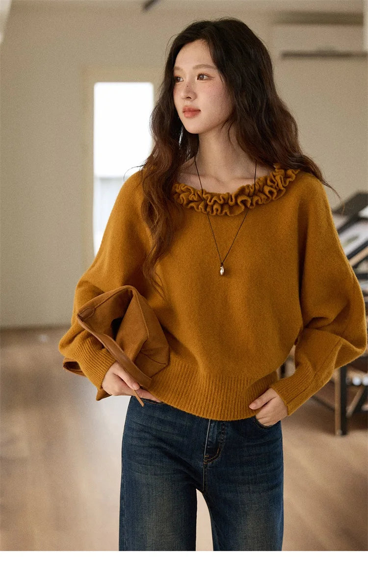 MISHOW Pullovers Women 2025 French Style Orange Lotus Edge Crew Neck Lantern Sleeves Top Slim Luxury Women's Sweaters MXE86Z2726