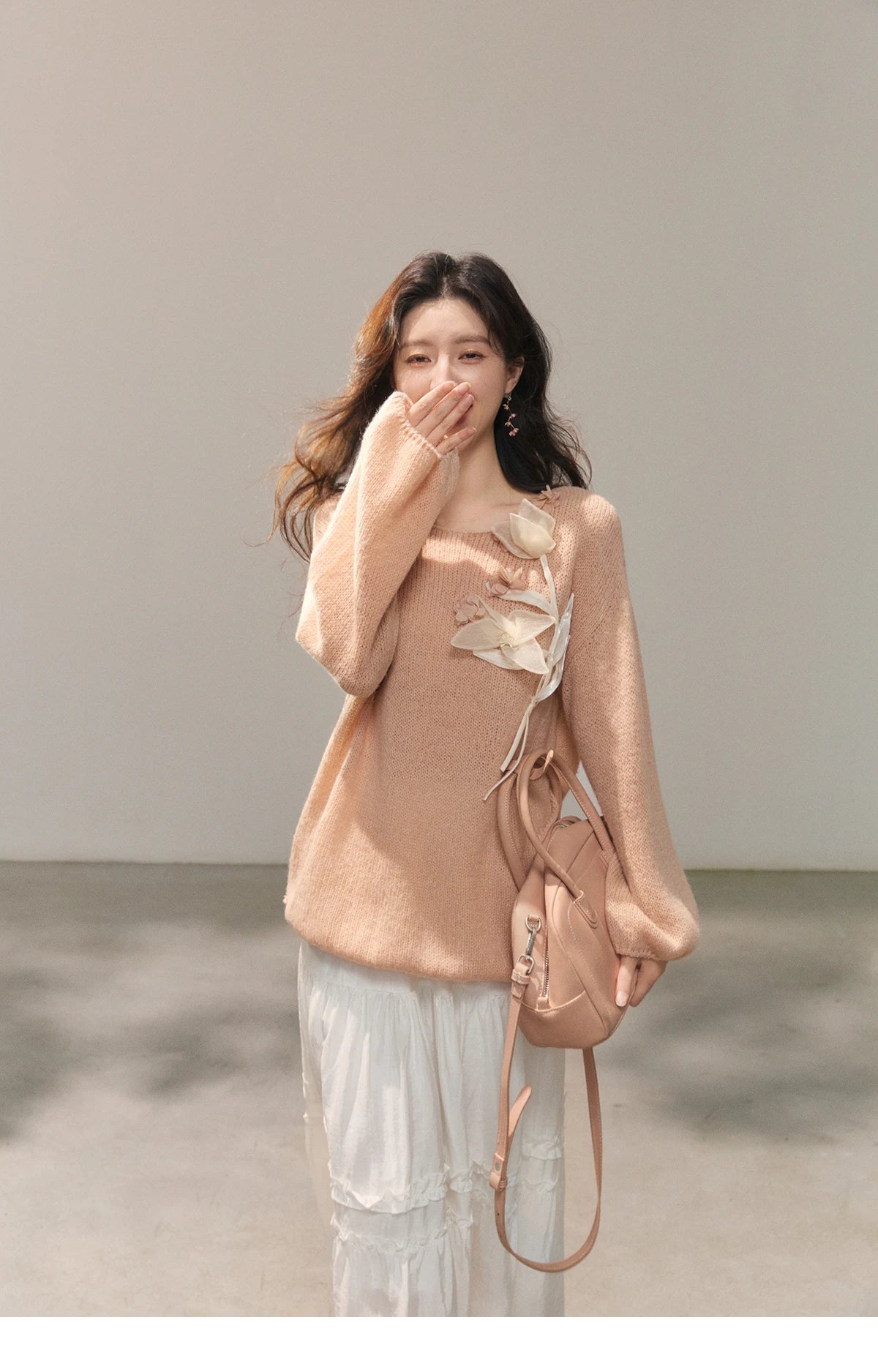 MISHOW 3D Floral Applique Crew Neck Knit Thin Sweater 2026 Spring Loose Casual Elegant Top Soft Pinkish Beige Sweater MXE47Z2649
