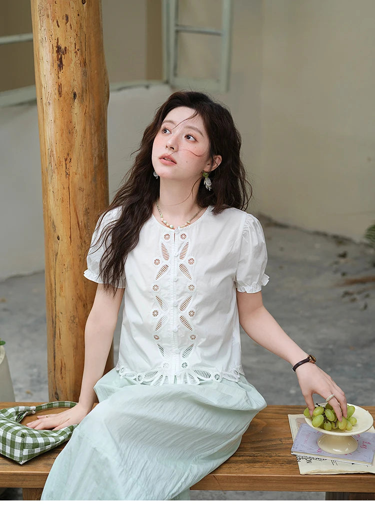 MISHOW 100%Cotton Hollow Embroidery Round Neck Shirt for Women 2025 Summer Puff Sleeve Casual Top Women's Clothing MXE39X1938