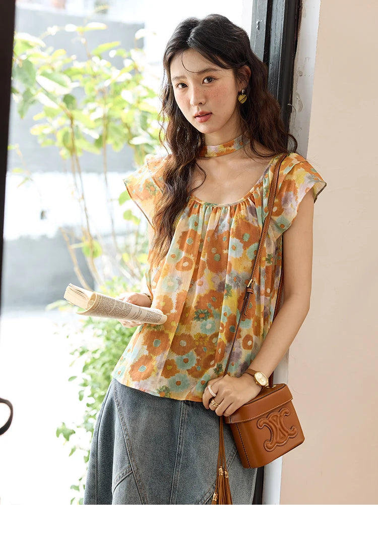 MISHOW 100 Cotton Citrus Oil Painting Printed blouse for Women 2025 Summer Vacation Korean Flying Sleeve Casual Top MXE36X1872