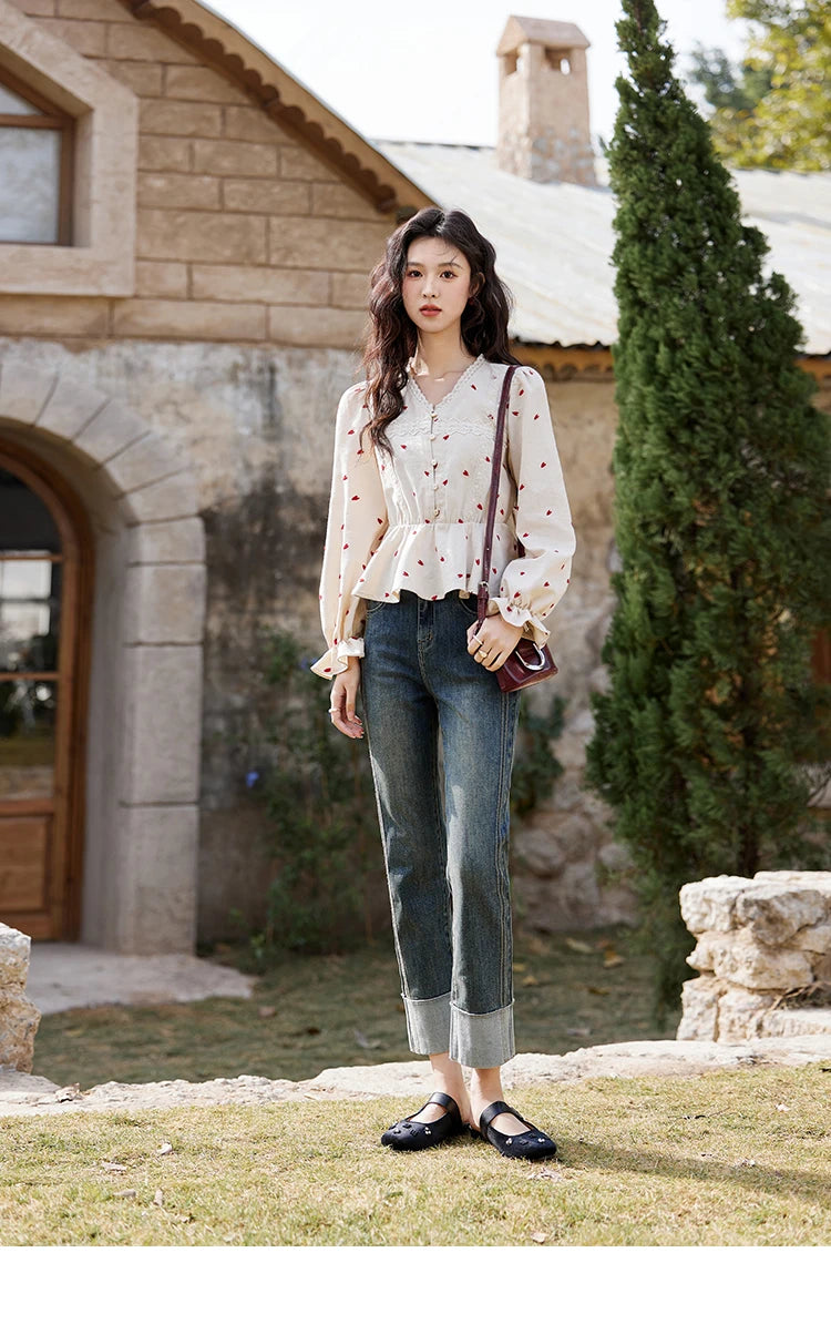 MISHOW Women's Love Embroidered V-neck Blouses 2025 Spring Linen Cotton Retro Slim Tops Sweet Waist Ruffle Blouse MXE13X1700