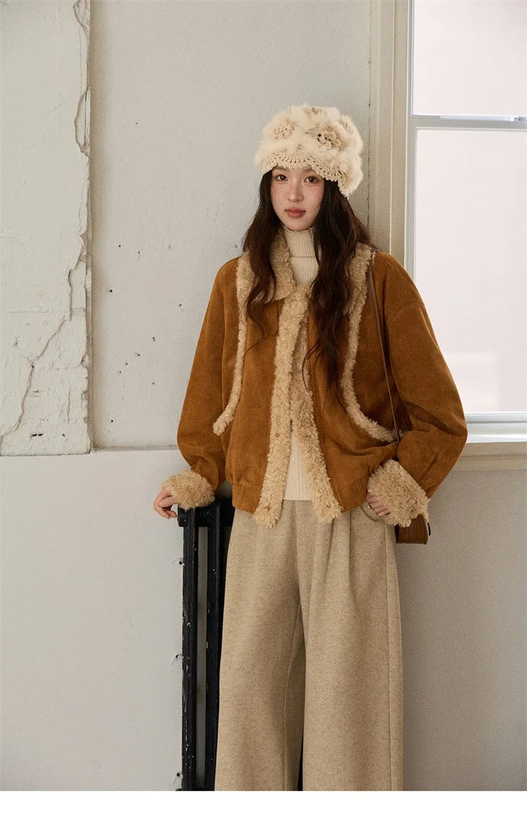 MISHOW Woman Short Jacket 2025 Winter Retro Brown Suede Patchwork Fur Coat Loose Faux Lambswool Turn Down Collar Coat MXE89W0895