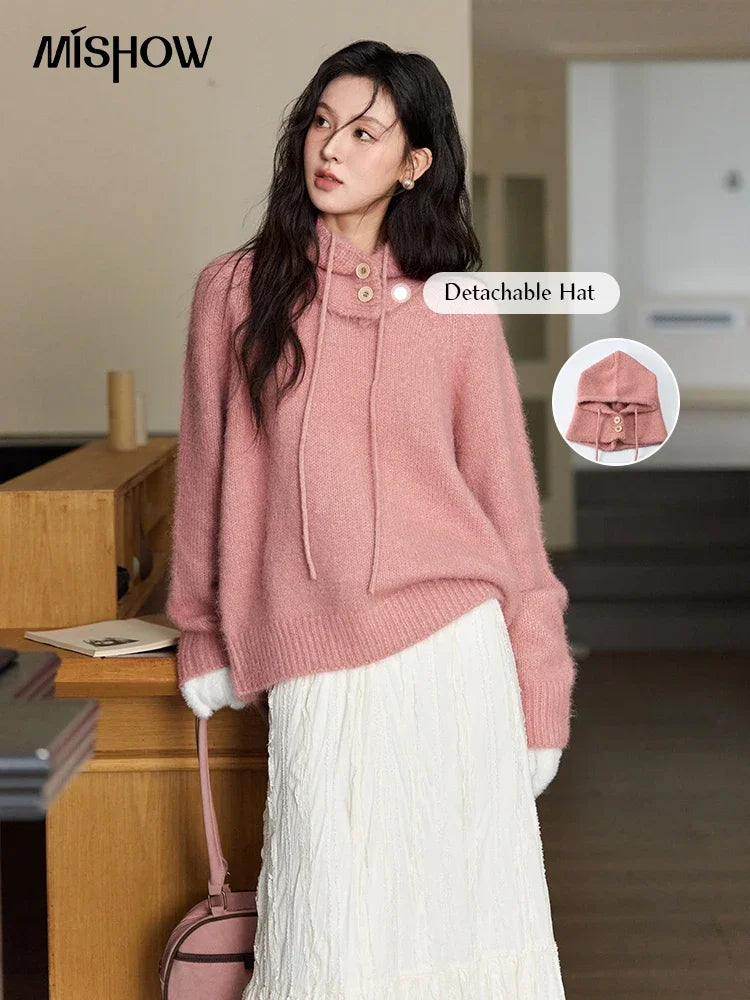 MISHOW Knitted Sweater Hooded Neck Warm Wool for Women 2025 Autumn Winter Cozy Loose-Fit Casual Solid Pullover Top MXD59Z1123