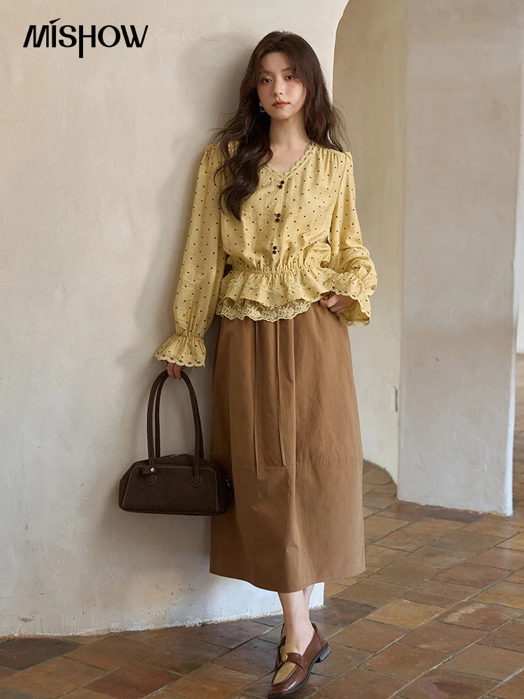 MISHOW Yellow Polka Dot Linen Blouse V-Neck Flare Sleeve MXE42X1975