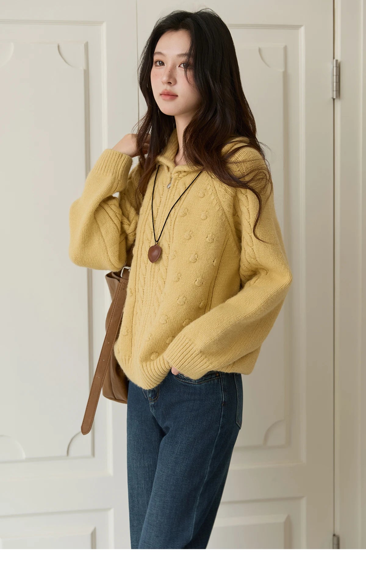 MISHOW Zipper Knit Cardigan Women 2025 Winter Yellow Turn-down Collar Loose Thick Sweater Luxury Comfort Casual Top MXE49Z2619