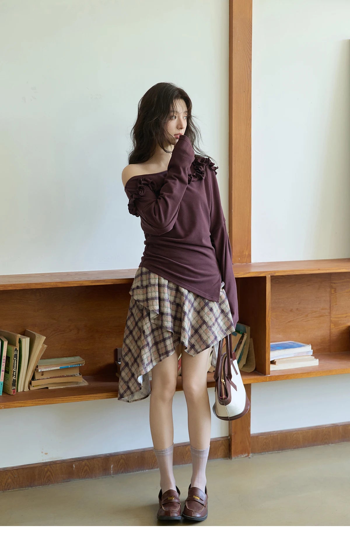 MISHOW Purple Plaid Irregular Skirt for Women Autumn 2025 Linen Blend Invisible Zipper Short Skirt Ruffle Hem Skirts MXE42B2395