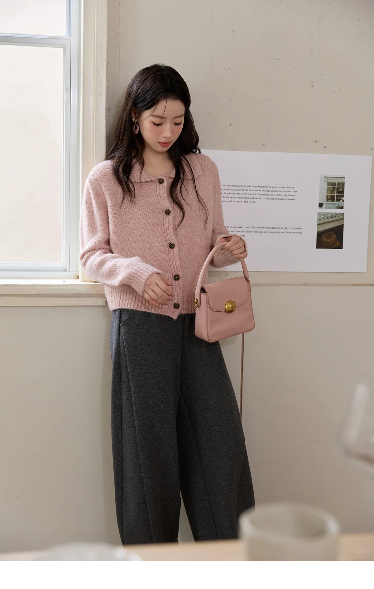MISHOW Pink French Cardigan Women 2025 Autumn Winter New Sweet Turn-down Collar Single-breasted Loose Knit Sweater MXE48Z2569