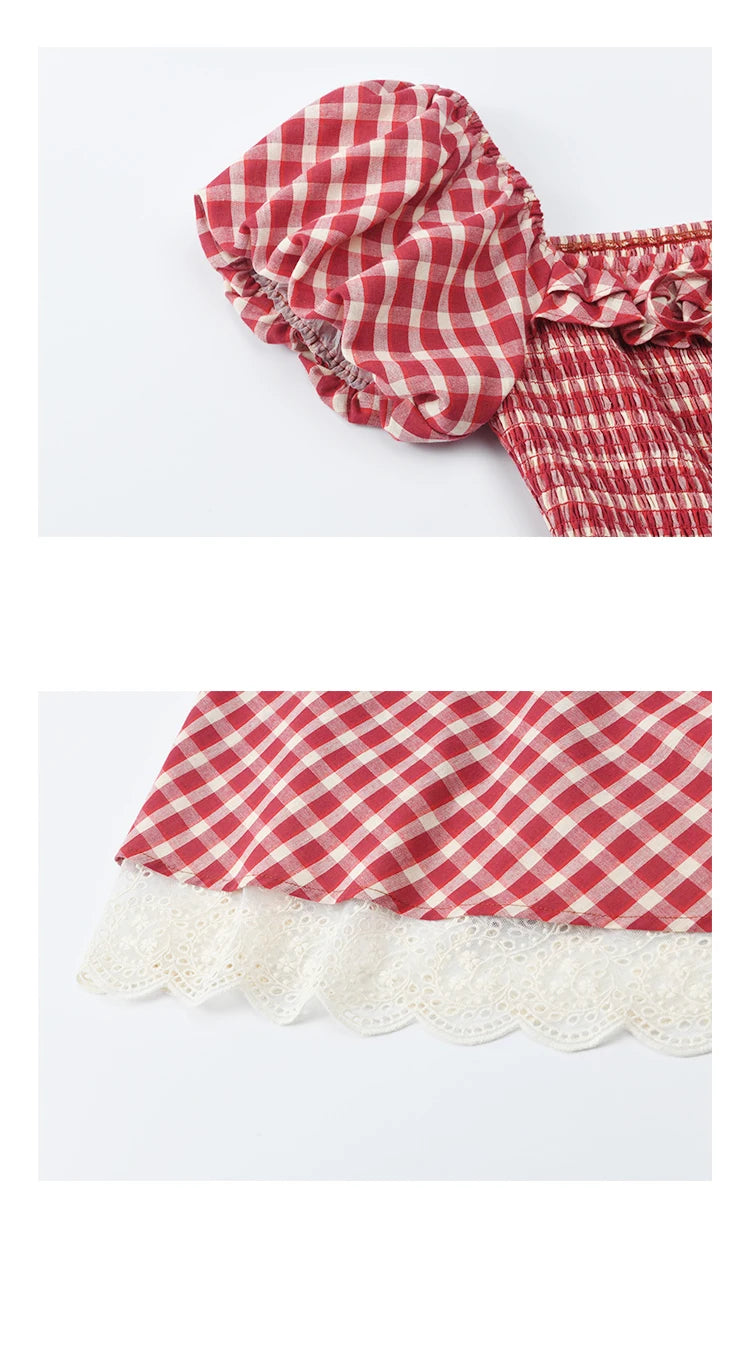 MISHOW Women's Retro Red Plaid Dress 2025 Summer New Square Neck Lace Up Hollow Out Spliced Dresses Women's Clothing MXE39L2324