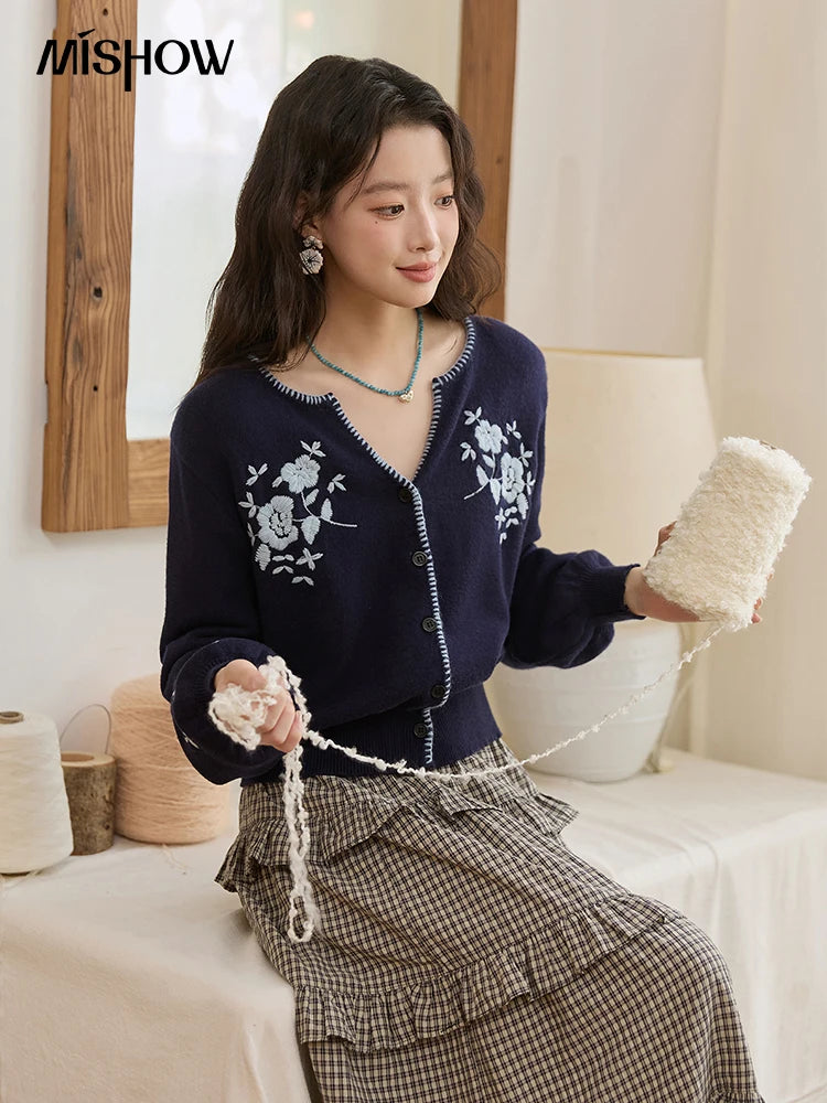 MISHOW Dark Blue Cardigan Women 2025 Autumn New French Vintage Embroidered Knit Cardigan Casual Round Neck Sweater MXE45Z1381