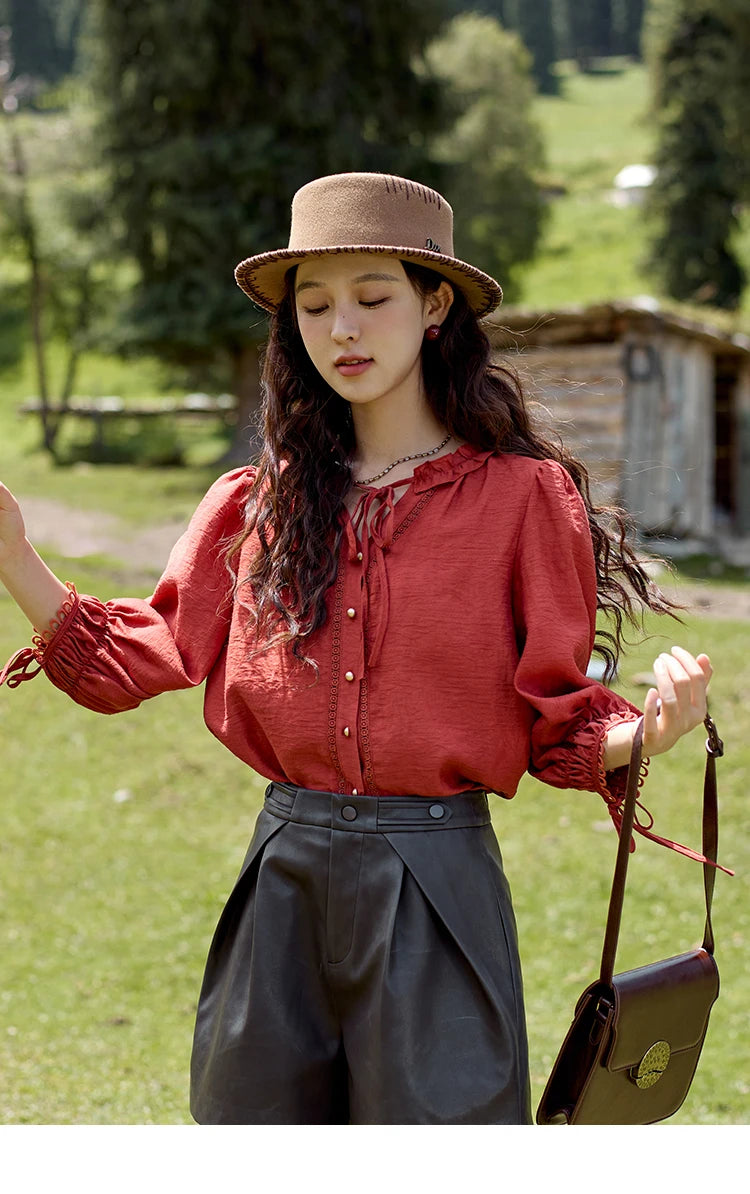 MISHOW French Retro Lace Collar Shirt for Women 2024 Autumn Bow Tie Top Lantern Sleeves Seven Quarter Sleeves Shirt MXD41X1621