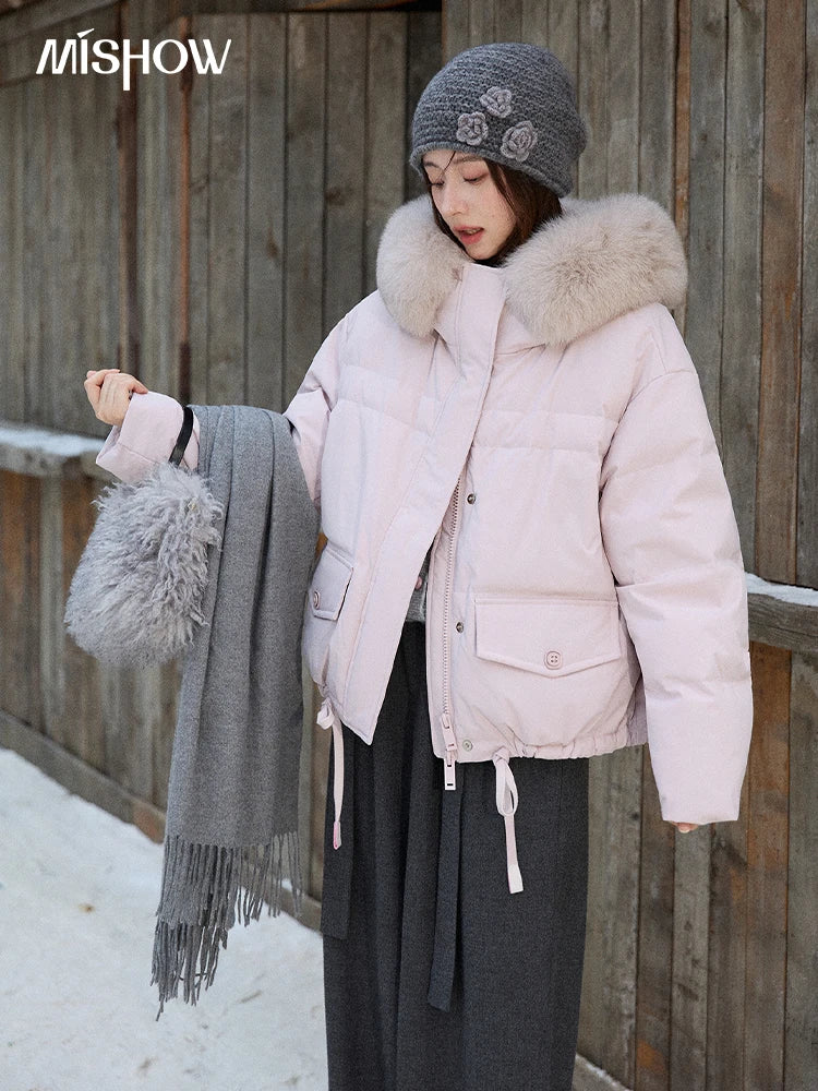 MISHOW Short Lightweight Puffer for Women 2025 Fashion Loose Long-sleeved Down Jacket Detachable Fur Collar Warm Coat MXE87Y0084