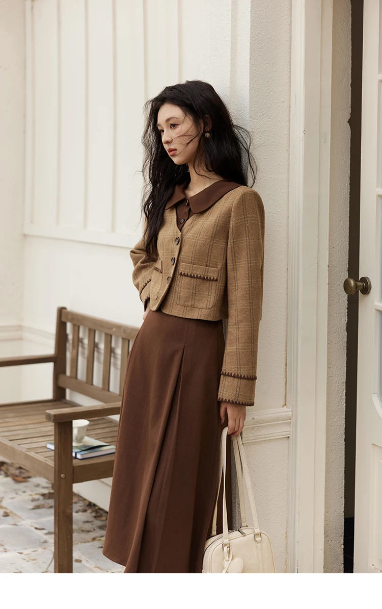 MISHOW Plaid Tweed Coats Midi Skirt Separately Women 2024 Fall Winter Polo Vintage Elegant Jackets Pleated Skirts MXD46W0460