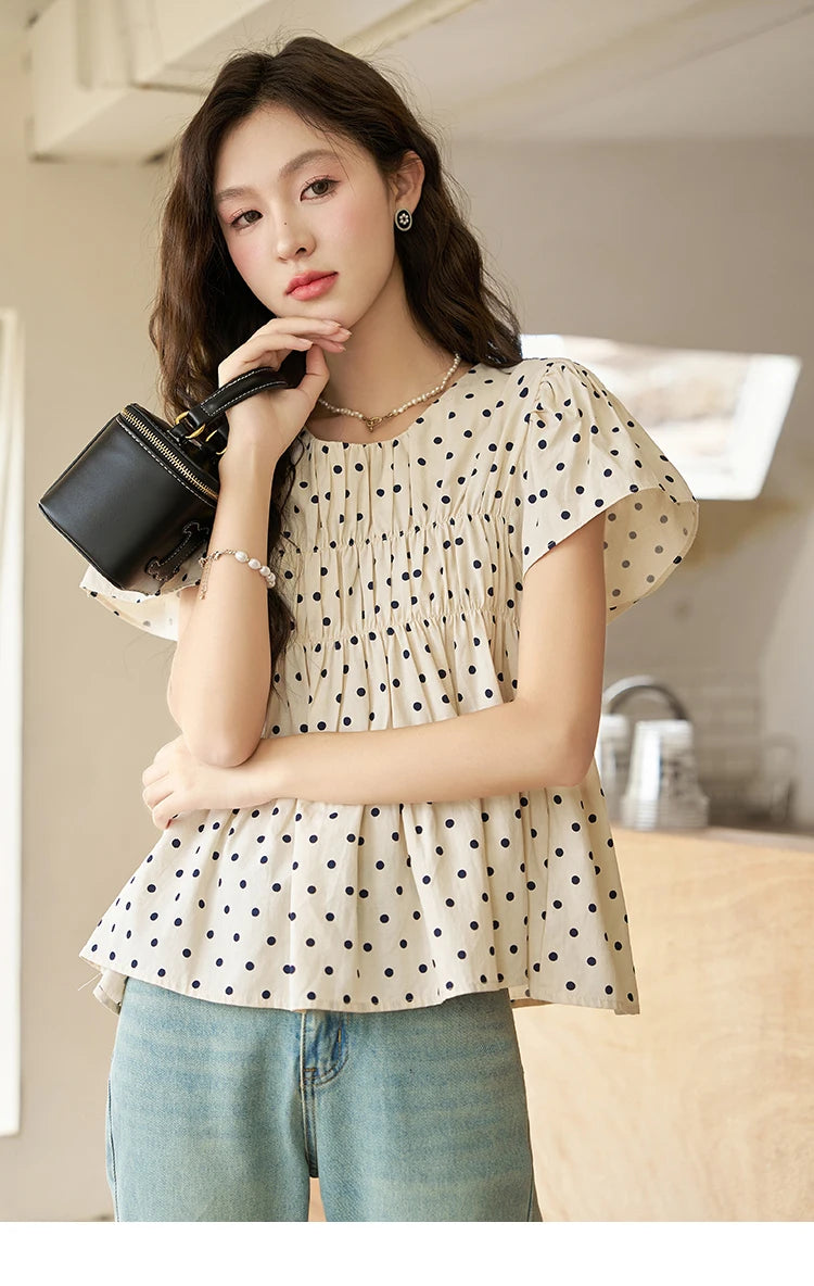 MISHOW Polka Dot Blouses for Women 2025 Summer French Flying Sleeve O Neck Elastic Folds Loose Retro Female Doll Top MXC39X1291