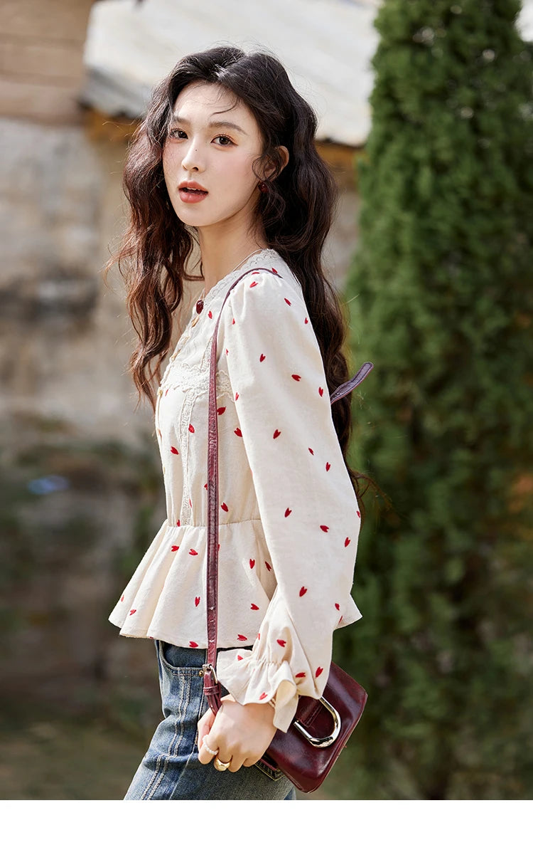 MISHOW Women's Love Embroidered V-neck Blouses 2025 Spring Linen Cotton Retro Slim Tops Sweet Waist Ruffle Blouse MXE13X1700