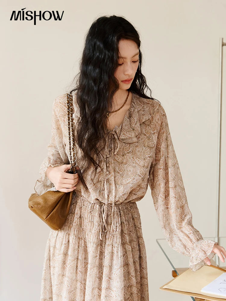 MISHOW Cashew Flower Dress for Woman 2025 Autumn Romantic Style Printed Dress Long Sleeve Ruffled Tie Waist Dress MXE46L2520