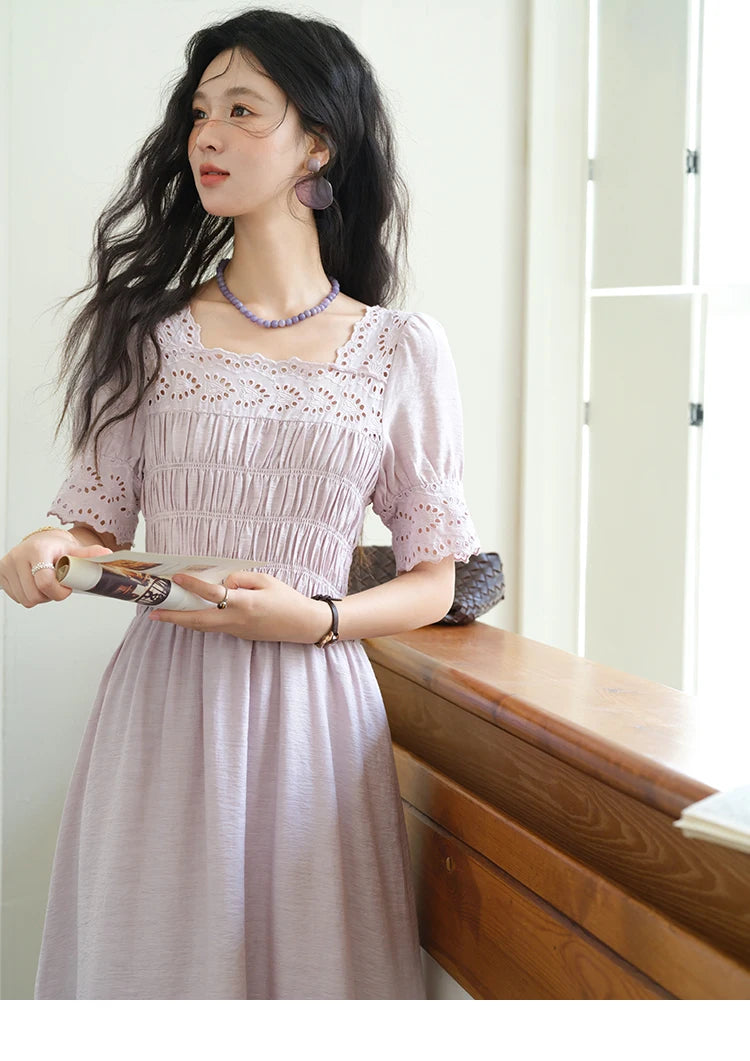 MISHOW Puff Sleeve Dress for Women 2025 Summer New Square Neck Fashion Lace Hollow Purple Dresses Female Clothing MXE39L2406