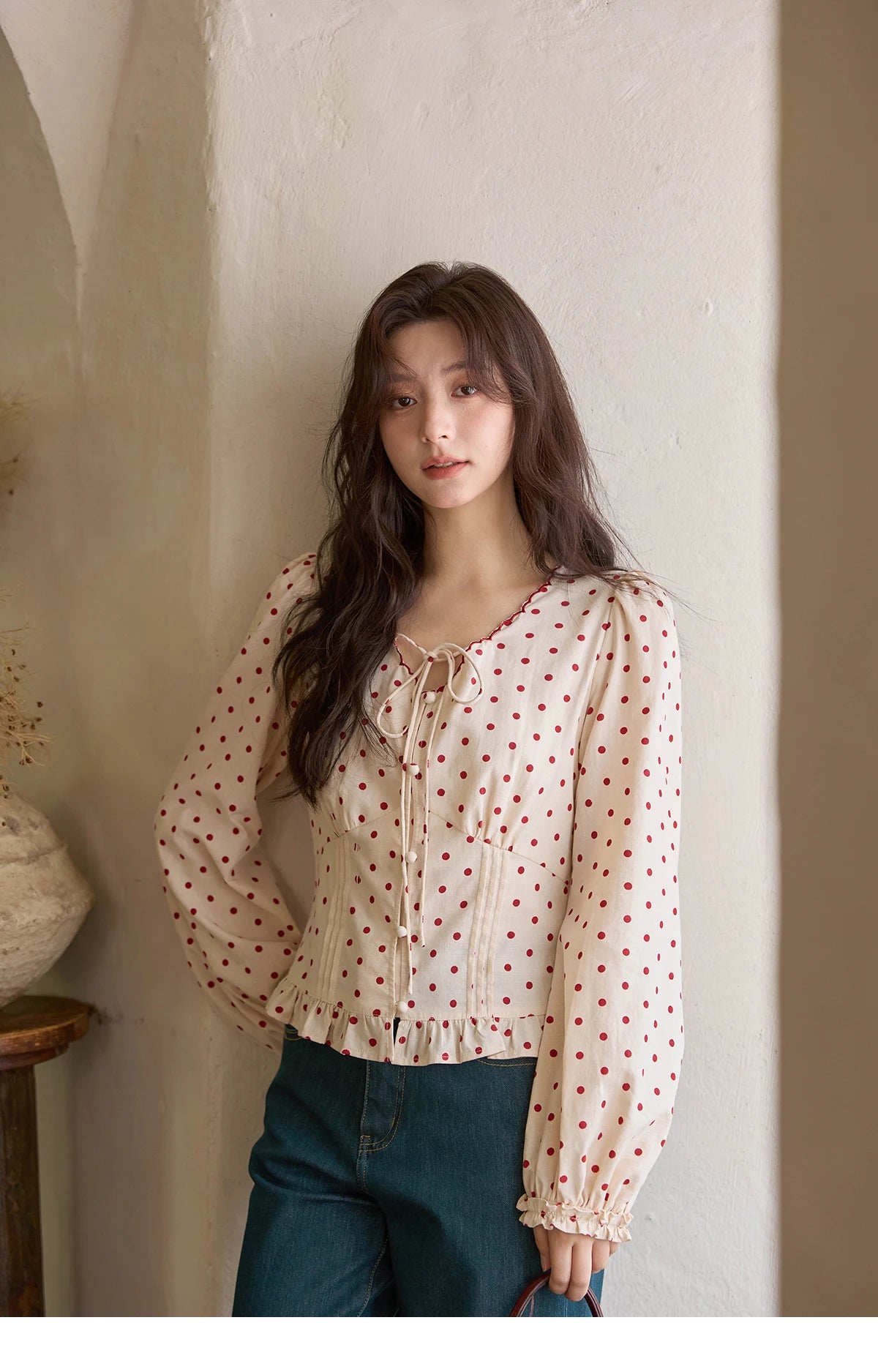 MISHOW Apricot Bottom Red Polka Dot Shirt for Women Autumn 2025 Korean Ruffled Edges Shirts V-neck Lace-up Sweet Top MXE42X1971