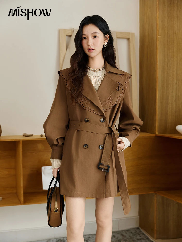 MISHOW Women's Trench Coat 2025 Autumn Hollow Embroidery Mid-length Windbreaker Double-breasted Belt Retro Jacket MXE46W0862