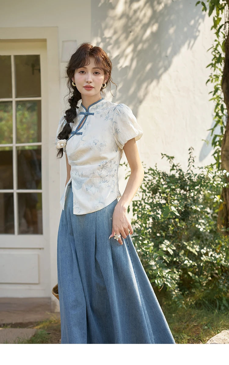 MISHOW Chinese Embroidered T-shirt High Waist Skirt Separately Summer 2024 Short Sleeve Split Hem Tops Denim Skirts MXD28X1604