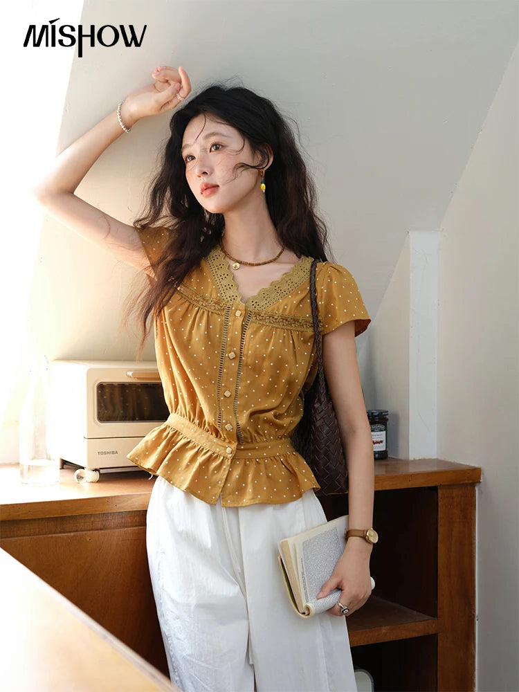 MISHOW Women's V-neck Lace Splicing Blouse 2025 Summer New Ladies Fashion Polka Dot Hollow Ruffle Button Female Top MXE38X1847