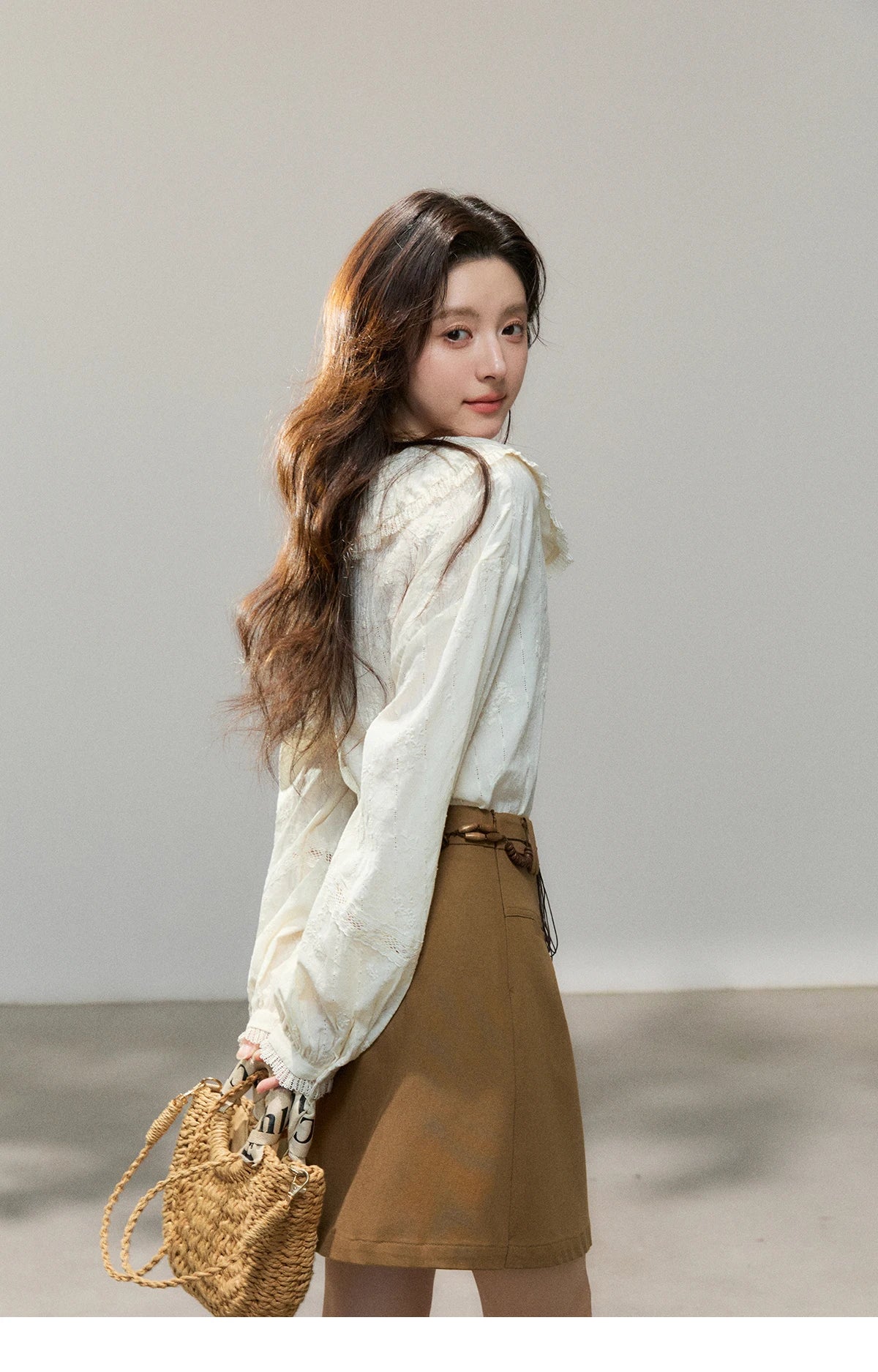 MISHOW Women's Beige Apricot Lace Shirts 2026 Spring Peter Pan Collar Micro Lantern Sleeves Top Casual Elegant Shirt MXF108C0813