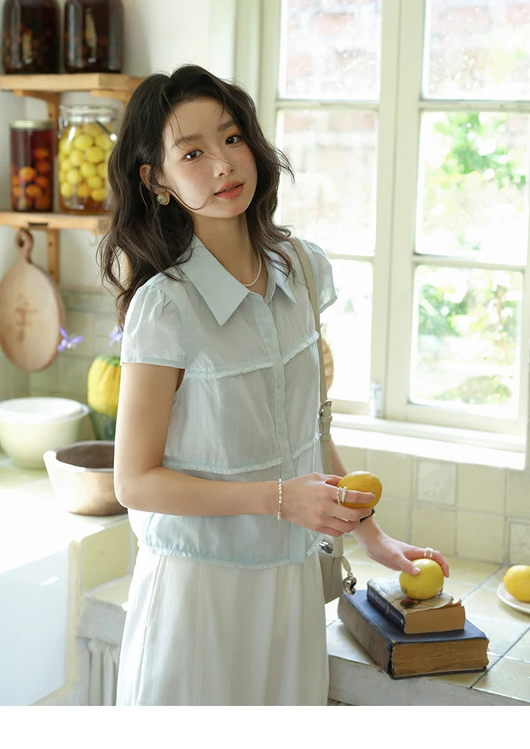 MISHOW Women's Turn-down Collar Button Casual Shirt 2025 Summer New Ladies Wear Edge Splicing Commut Short Sleeve Top MXE39C2363