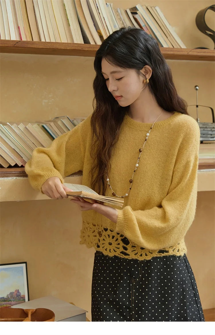 MISHOW Woman Sweaters 2025 Elegant French Hollow Out Floral Sweater Loose O-neck Long Sleeves Knit Top Autumn Clothes MXE44Z2491